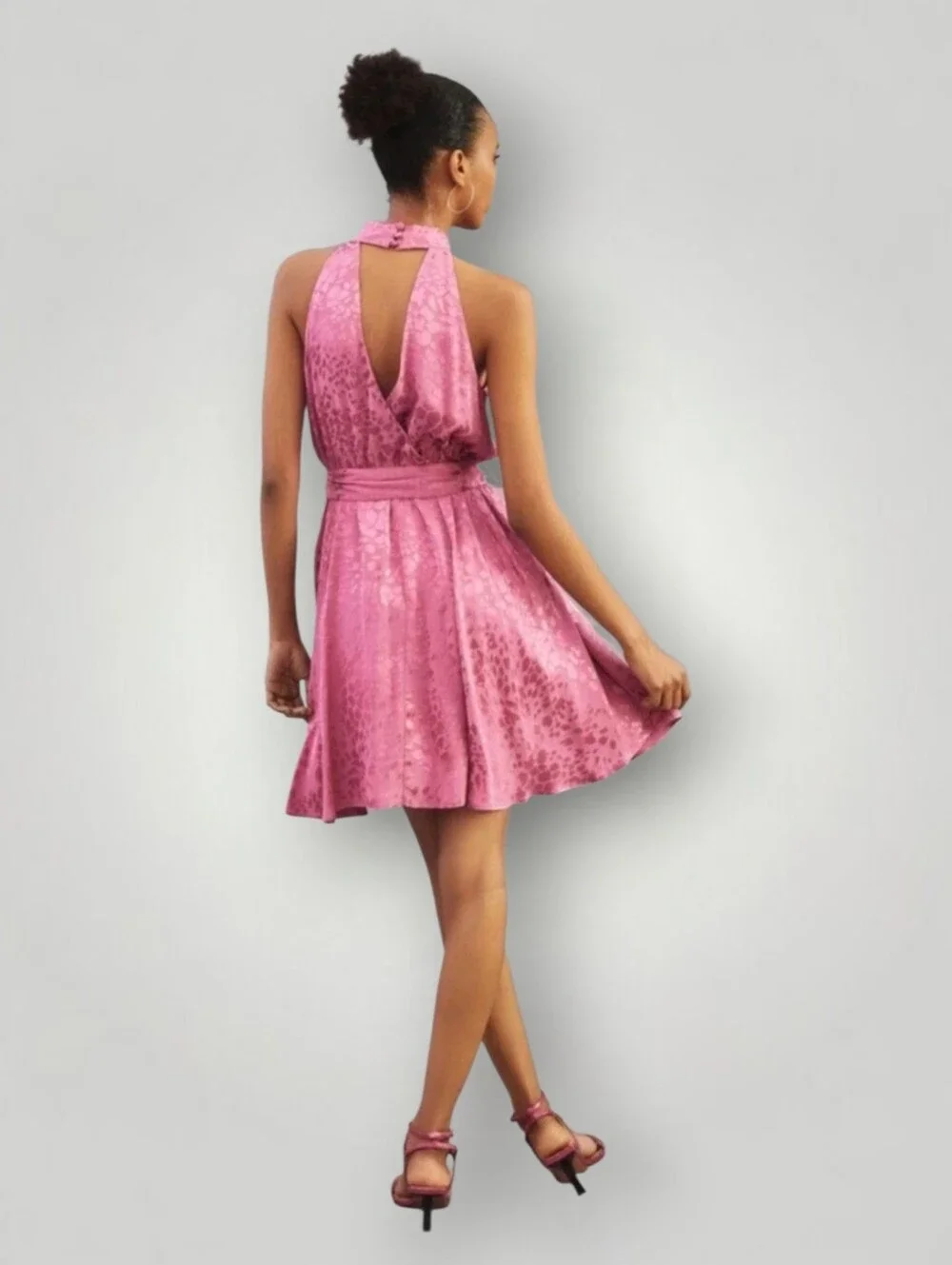 Anthropologie Pink Satin Jacquard Halter Mini Dress Tie Waist‎ Womens XS